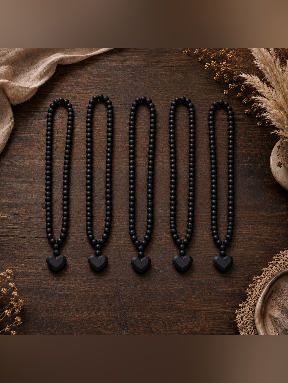 NWOT Set of 5 Black Wooden Heart Beaded Necklaces • 32” Overhead • Party Favors
